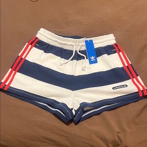 Adidas Navy and White Striped Shorts with Red Details